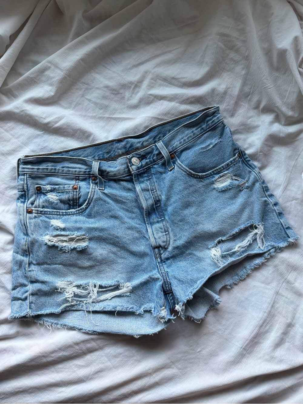 Levi's 501 Light Blue Distressed Denim Shorts